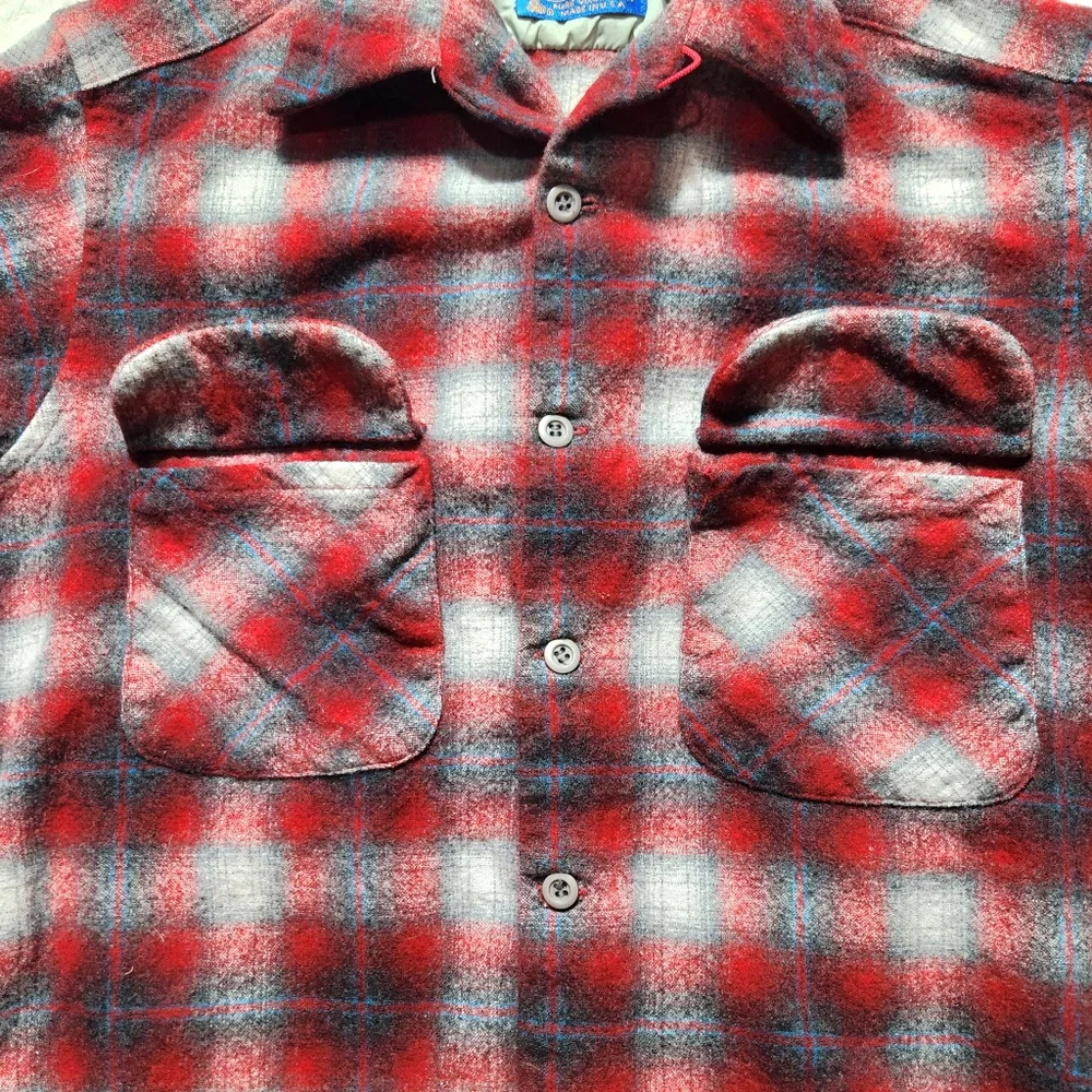 Vintage Pendelton Boys M Wool Shadow Plaid Button Up Shirt Red Black 60s USA